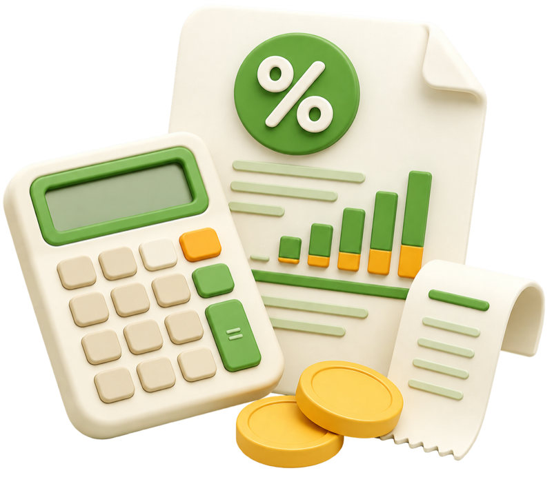 Calculadora, documento y monedas que representan los impuestos en las inversiones