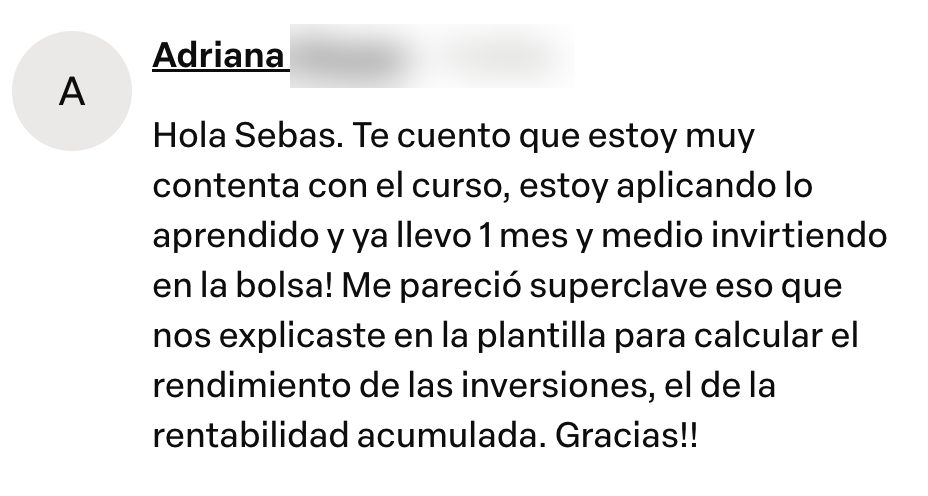 Captura del testimonio de Adriana en Comentarios del curso