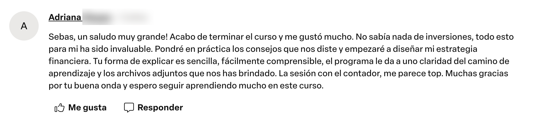 Captura del testimonio de Adriana en Comentarios del curso