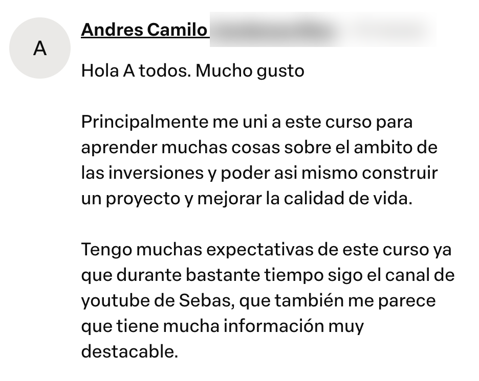 Captura del testimonio de Andrés Camilo en Comentarios del curso