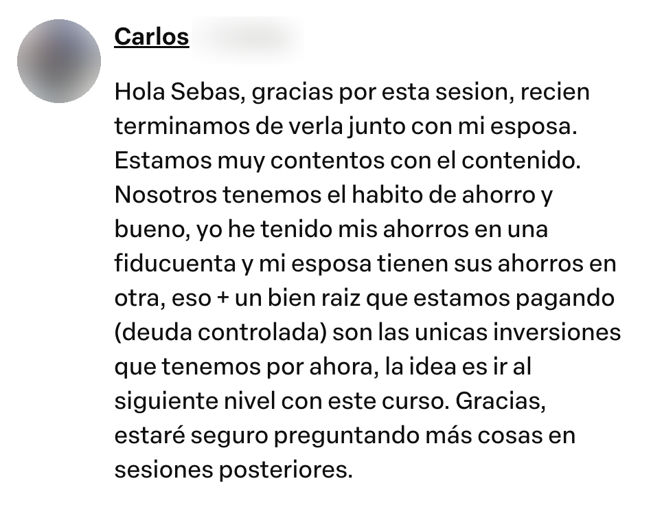 Captura del testimonio de Carlos en Comentarios del curso