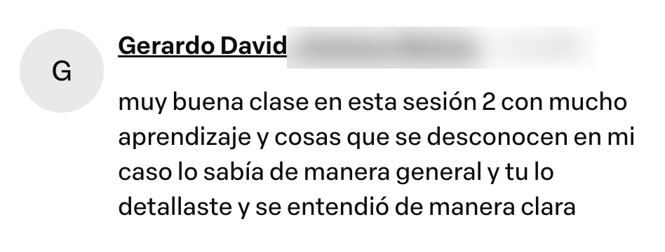 Captura del testimonio de Gerardo David en Comentarios del curso