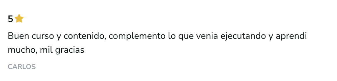 Captura del testimonio de Carlos en Hotmart