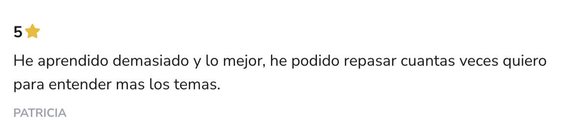 Captura del testimonio de Patricia en Hotmart