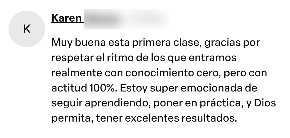 Captura del testimonio de Karen en Comentarios del curso