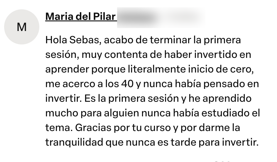 Captura del testimonio de María del Pilar en Comentarios del curso